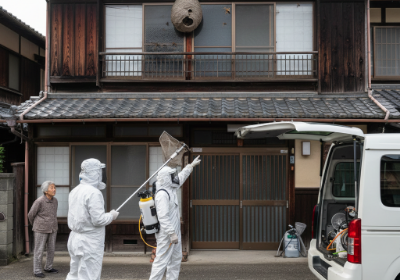 ２階の軒下の蜂の巣を駆除している