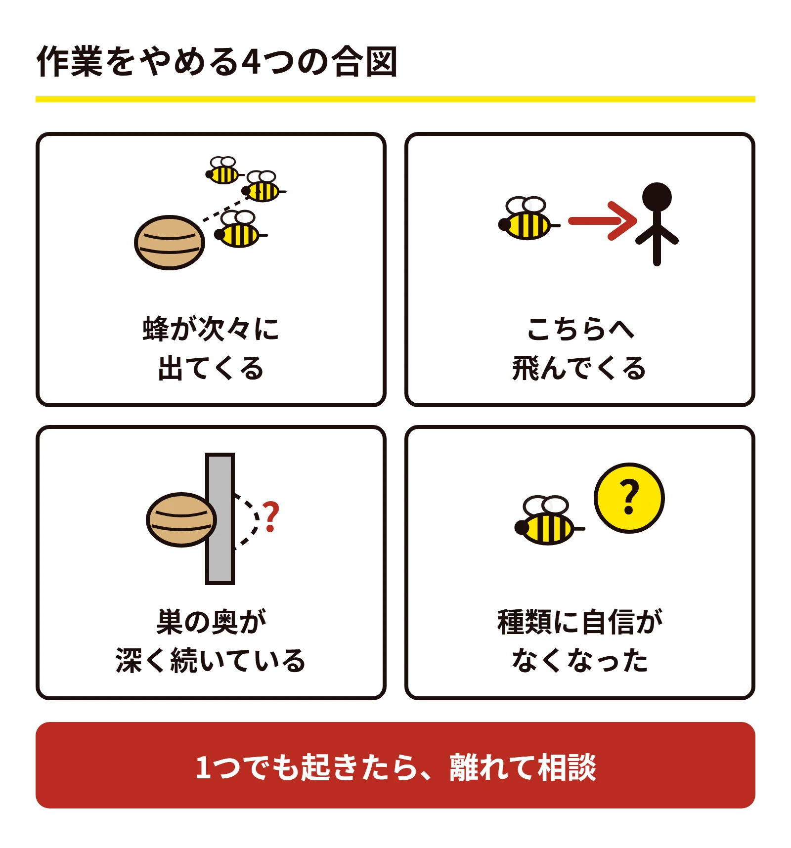 蜂の巣の駆除を途中でやめる4つの合図。蜂が次々に出てくる、こちらへ飛んでくる、巣の奥が深く続いている、種類に自信がなくなった。1つでも起きたら離れて相談する