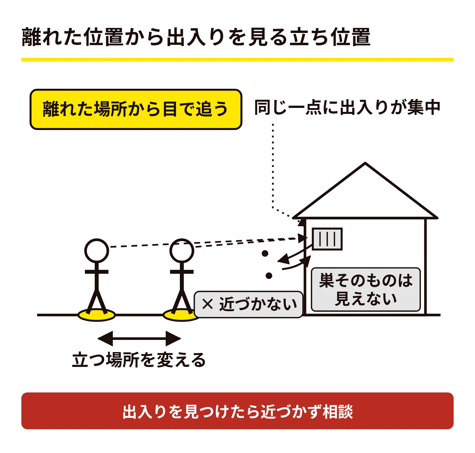 離れた位置から立つ場所を変えて蜂の出入りを見る様子を示した図