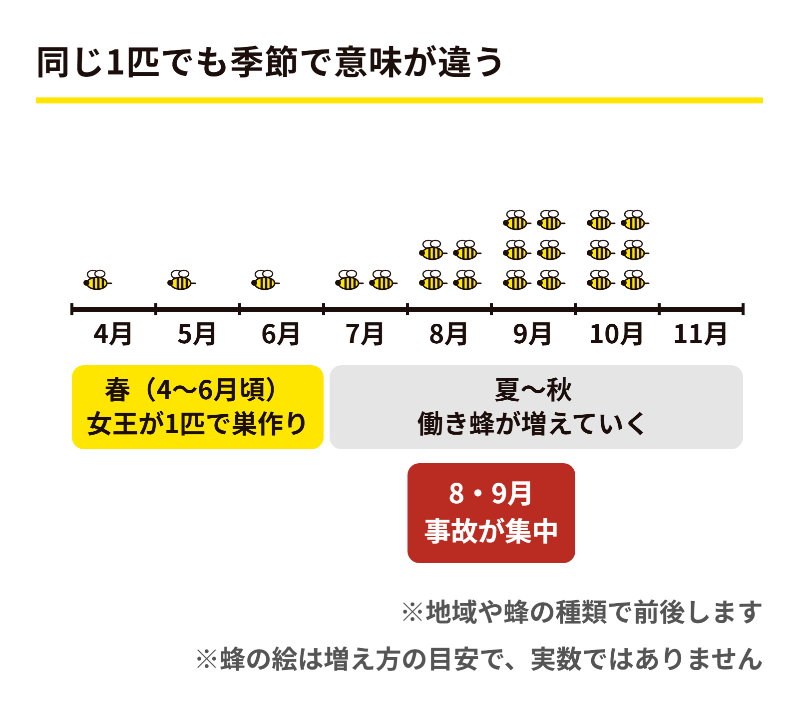 4月から11月の帯で、春は女王が1匹で巣を作り、夏から秋に働き蜂が増え、8〜9月に事故が集中することを示す図